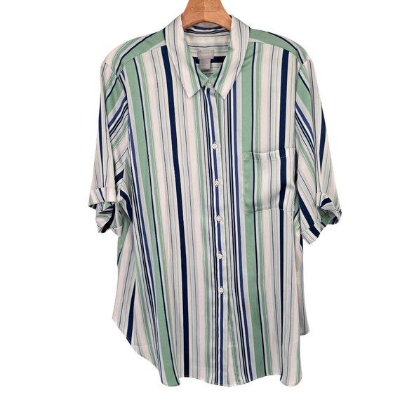 Chicos 4 Women Striped Collared Button-Up Shirt Size 2x plus short sleeve satin - Picture 2 of 15